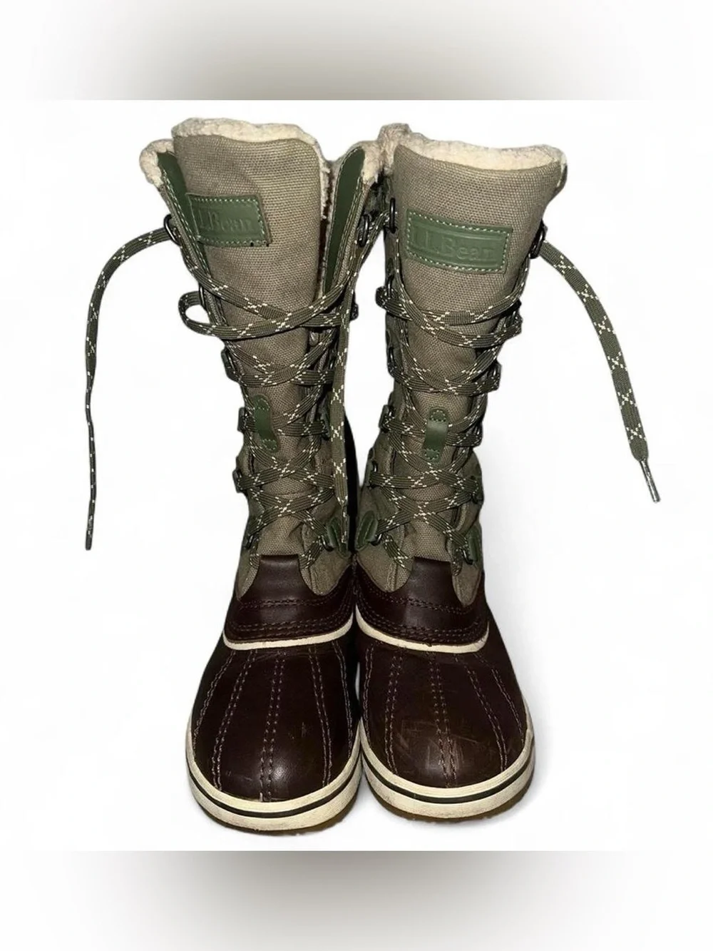 L.L. Bean Tall Lace-Up Winter Boot in Olive Canvas and Brown Leather